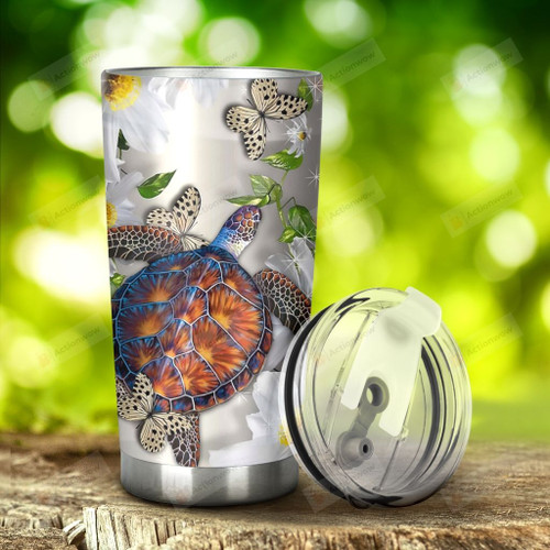 Turtle Butterfly And Flower Tumbler Stainless Steel Tumbler, Tumbler Cups For Coffee/Tea, Great Customized Gifts For Birthday Christmas Thanksgiving Anniversary