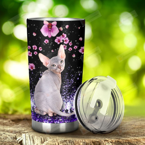 Sphynx Cat With Pink Flowers Stainless Steel Tumbler, Tumbler Cups For Coffee/Tea, Great Customized Gifts For Birthday Christmas Thanksgiving