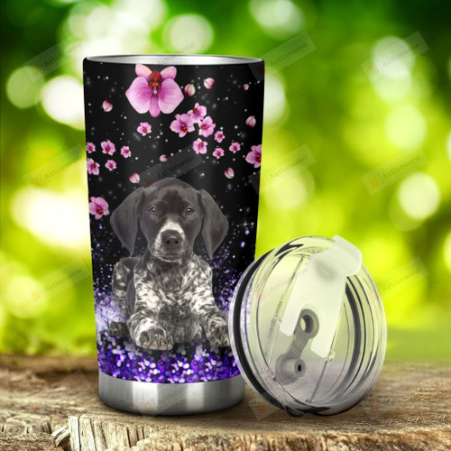 German Shorthaired Pointer Dog With Pink Flower Stainless Steel Tumbler, Tumbler Cups For Coffee/Tea, Great Customized Gifts For Birthday Christmas Thanksgiving