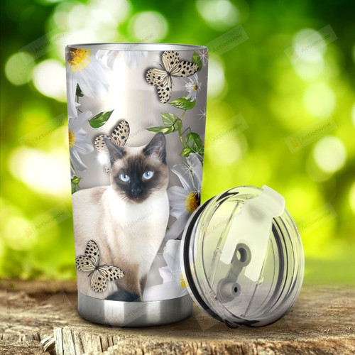 Siamese Cat Flower Butterfly Stainless Steel Tumbler, Tumbler Cups For Coffee/Tea, Great Customized Gifts For Birthday Christmas Thanksgiving