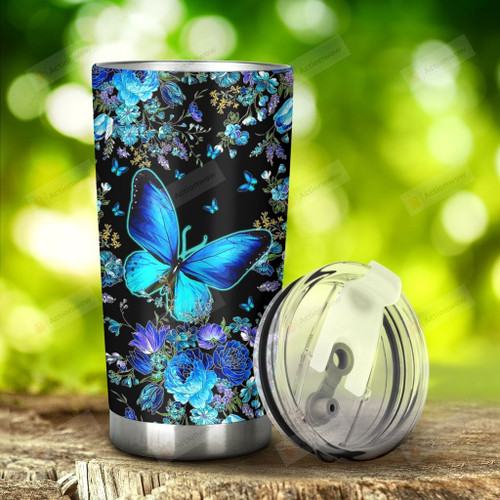 Blue Butterfly And Flower Stainless Steel Tumbler, Tumbler Cups For Coffee/Tea, Great Customized Gifts For Birthday Christmas Thanksgiving Anniversary