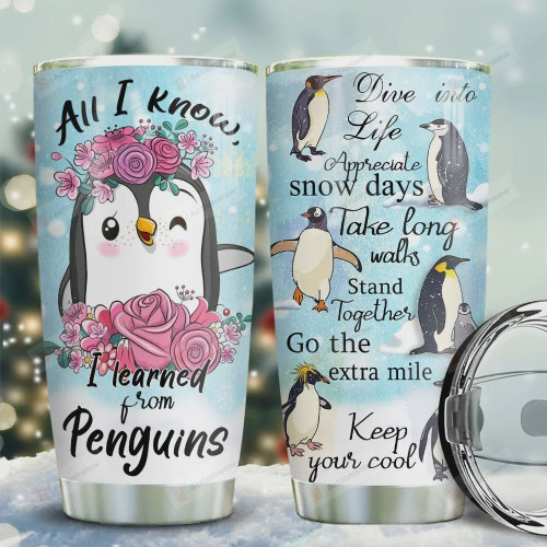 Penguins All I Know I Learned From Penguins Dive Into Life Go The Extra Smile Keep Your Cool Stainless Steel Tumbler, Tumbler Cups For Coffee/Tea, Great Customized Gifts For Birthday Christmas Thanksgiving