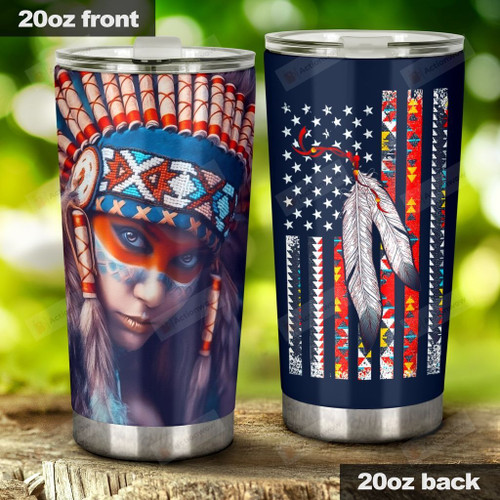 Native American Girl And Feather Stainless Steel Tumbler, Tumbler Cups For Coffee/Tea, Great Customized Gifts For Birthday Christmas Thanksgiving