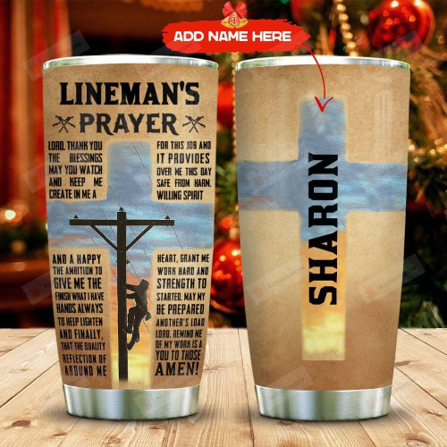 Lineman Faith Personalized Tumbler Cup Cross Lineman's Prayer Stainless Steel Insulated Tumbler 20 Oz Coffee/ Tea Tumbler With Lid Great Customized Gifts For Birthday Christmas Thanksgiving