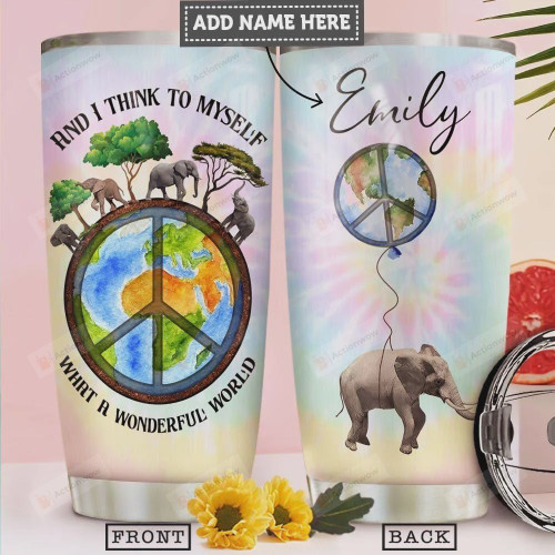 Personalized Hippie Peace Symbol Elephants What A Wonderful World Stainless Steel Tumbler, Tumbler Cups For Coffee/Tea, Great Customized Gifts For Birthday Christmas Thanksgiving