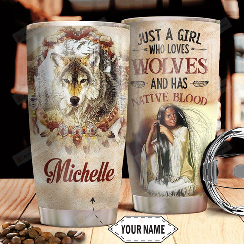 Personalized Native American Girl Loves Wolves Stainless Steel Tumbler, Tumbler Cups For Coffee/Tea, Great Customized Gifts For Birthday Christmas Thanksgiving