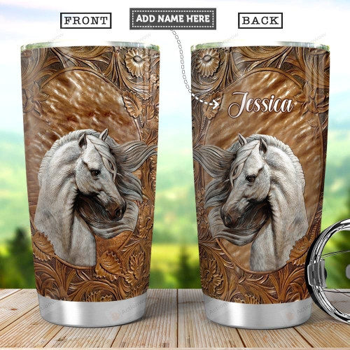 Personalized White Horse Leather Style Tumbler Cup Stainless Steel Insulated Tumbler 20 Oz Perfect Gifts For Horse Lovers Great Gifts For Birthday Christmas Thanksgiving Coffee/ Tea Tumbler