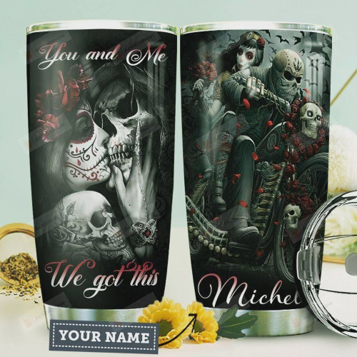 Skull Couple Personalized, Stainless Steel Tumbler, 20 Oz Insulated Tumbler Cup, Skull With Rose, Black, Perfect Gifts For Horror Lovers, Great Customized Gifts For Birthday Halloween