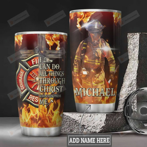 Personalized Firefighter Faith Can Do All Things, Cross, Stainless Steel Vacuum Insulated, 20 Oz Tumbler Cups For Coffee/Tea, Great Customized Gifts For Birthday Christmas Thanksgiving