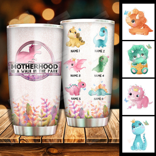 Personalized Motherhood Is A Walk In The Park Tumbler Custom Name Gifts For Dinosaur Lover Mother's Day 20 Oz Sport Bottle Stainless Steel Vacuum Insulated Tumbler