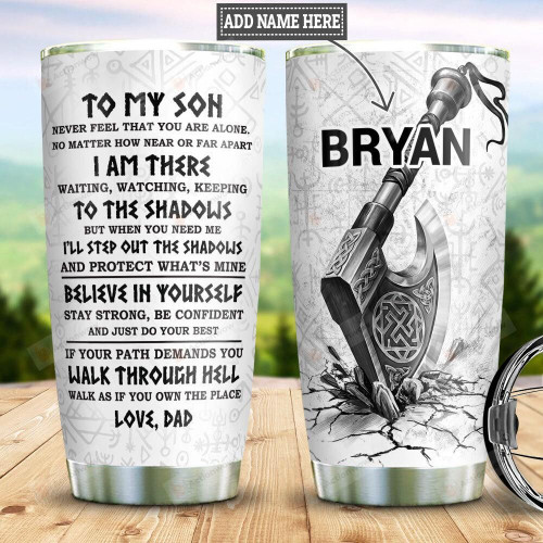 Personalized Viking Axe Dad To Son Viking Stainless Steel Tumbler, Tumbler Cups For Coffee/Tea, Great Customized Gifts For Father's Day Birthday Christmas Thanksgiving