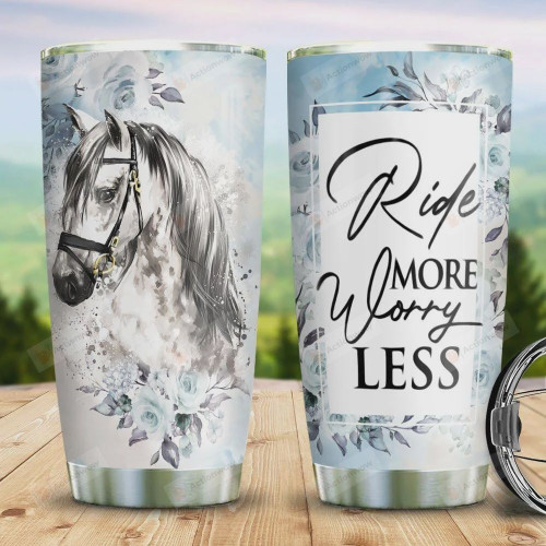 White Horse Tumbler Cup, Ride More Worry Less, Stainless Steel Vacuum Insulated Tumbler 20 Oz, Perfect Gifts For Birthday Christmas Thanksgiving, Best Gifts For Horse Lovers, Coffee/ Tea Tumbler