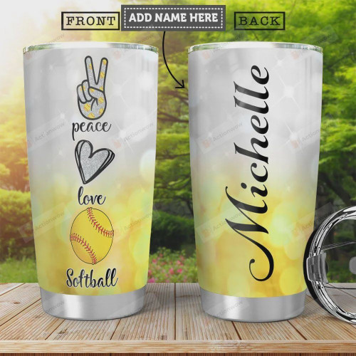 Softball Personalized, Stainless Steel Vacuum Insulated Tumbler, 20 Oz, Peace, Love, Perfect Gifts For Softball Lovers, Tumbler For Coffee/ Tea, Gifts For Birthday Christmas