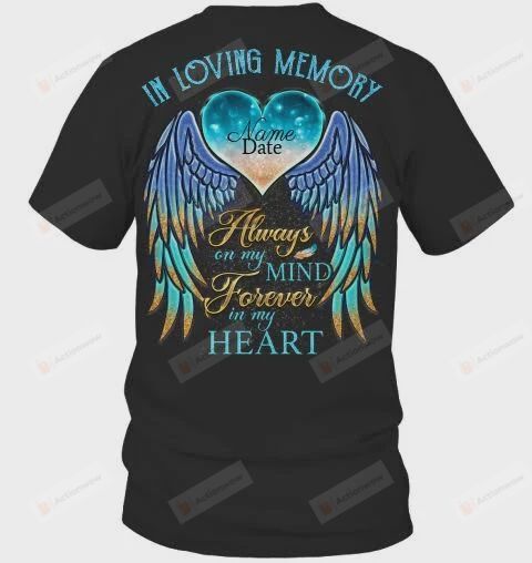 Personalized In Loving Memory Always On My Mind Forever In My Heart Shirt Mother's Day And Father's Day T-Shirt Gift For Mommy Mama Birthday Wedding Anniversary Mothers Day Blue Wings