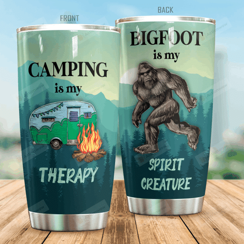 Bigfoot Is My Spirit Creature Camper Van And Bigfoot Tumbler Camping Is My Therapy Tumbler Gifts For Bigfoot Lovers, Camping Lovers 20 Oz Sports Bottle Stainless Steel Vacuum Insulated Tumbler
