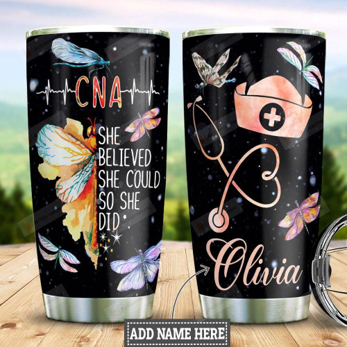Personalized CNA Colorful Watercolor Dragonflies Tumbler She Believed She Could So She Did Tumbler Gifts For Nurses 20 Oz Sports Bottle Stainless Steel Vacuum Insulated Tumbler