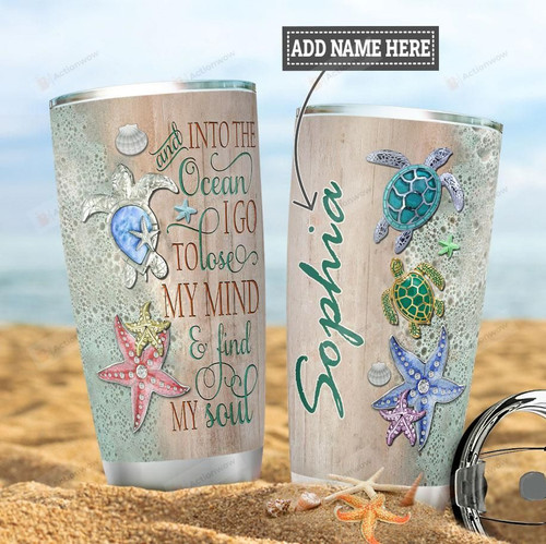 Personalized Gemstone Sea Turtles And Starfishes Tumbler And Into The Ocean Tumbler Gifts For Ocean Lovers, Sea Turtle Lovers 20 Oz Sports Bottle Stainless Steel Vacuum Insulated Tumbler