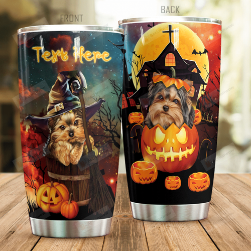 Personalized Yorkshire Terrier And Jack-o'-lantern Tumbler Best Gifts For Dog Lovers On Halloween 20 Oz Sports Bottle Stainless Steel Vacuum Insulated Tumbler