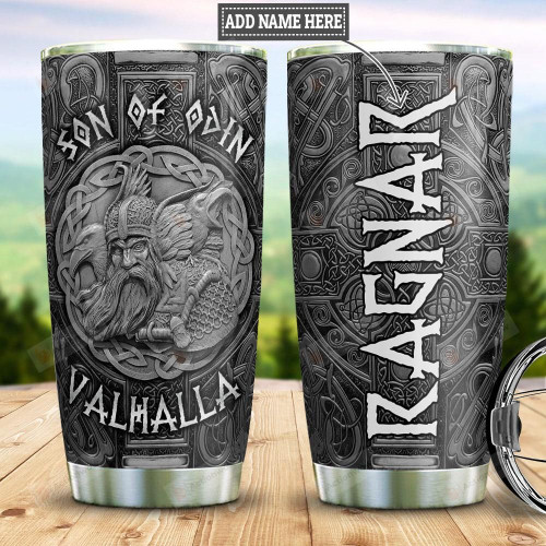 Personalized Raven Viking Pattern Tumbler Son Of Odin Valhalla Tumbler Gifts For Viking Lovers 20 Oz Sports Bottle Stainless Steel Vacuum Insulated Tumbler