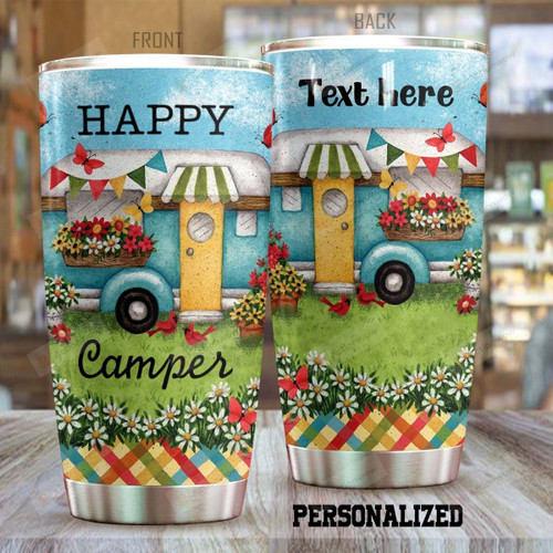 Personalized Happy Camper Tumbler Camper Van And Flowers Tumbler Gifts For Camping Lovers On Birthday Christmas Thanksgiving 20 Oz Sports Bottle Stainless Steel Vacuum Insulated Tumbler
