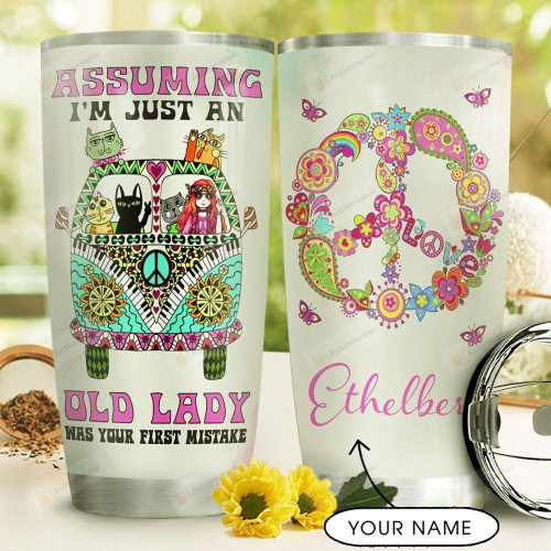 Personalized Hippie Girl And Cats Colorful Mandala Pattern Tumbler Assuming I'm Just An Old Lady Tumbler Gifts For Hippies, Cat Lovers 20 Oz Sports Bottle Stainless Steel Vacuum Insulated Tumbler