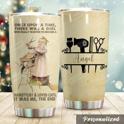 Personalized Funny Cat And Girl Vintage Tumbler Once Upon A Time There Was A Girl Tumbler Best Gifts For Cat Lovers, Hairstylists 20 Oz Sports Bottle Stainless Steel Vacuum Insulated Tumbler