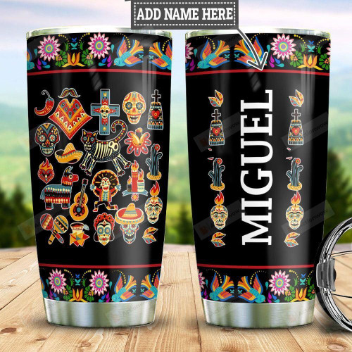 Personalized Mexican Seamless Pattern Tumbler Colorful Mexican Skulls And Flowers Tumbler Gifts For Mexican, Day of the Dead 20 Oz Sports Bottle Stainless Steel Vacuum Insulated Tumbler