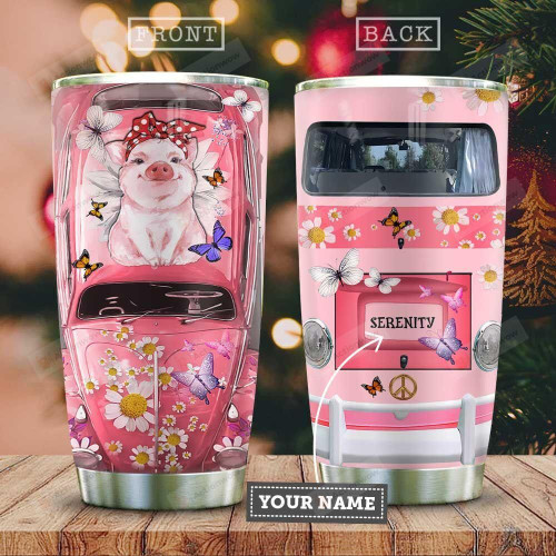 Personalized Cute Pig And Pink Hippie Van Tumbler Daisies And Butterflies Tumbler Best Gifts For Pig Lovers, Animal Lovers 20 Oz Sports Bottle Stainless Steel Vacuum Insulated Tumbler