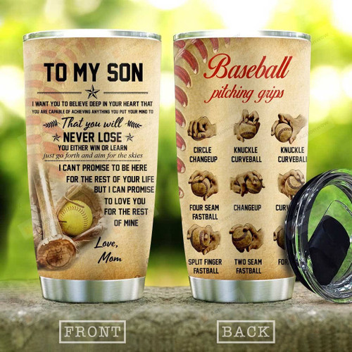 Baseball Pitching Grips Tumbler Cup, To My Son, Never Lose  You Either Win Or Learn, Stainless Steel Vacuum Insulated Tumbler 20 Oz, Perfect Gifts For Son, Great Birthday Gifts Christmas Gifts