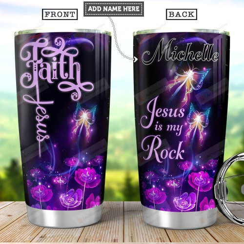 Faith Jesus Personalized Purple Flower Tumbler Cup Jesus Is My Rock Stainless Steel Vacuum Insulated Tumbler 20 Oz Coffee/ Tea Tumbler With Lid Great Gifts For Birthday Christmas Thanksgiving