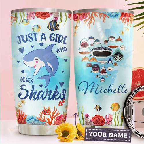 Personalized Sharks And Coral Reef Tumbler Just A Girl Who Loves Sharks Tumbler Best Gifts For Shark Lovers, Animal Lovers 20 Oz Sports Bottle Stainless Steel Vacuum Insulated Tumbler
