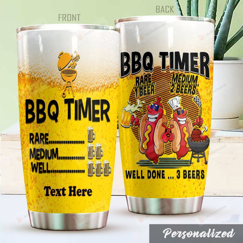 Personalized BBQ Tumbler BBQ Timer Rare Medium Well Custom Name Gifts For BBQ Lovers BBQ Parties 20 Oz Sport Bottle Stainless Steel Vacuum Insulated Tumbler