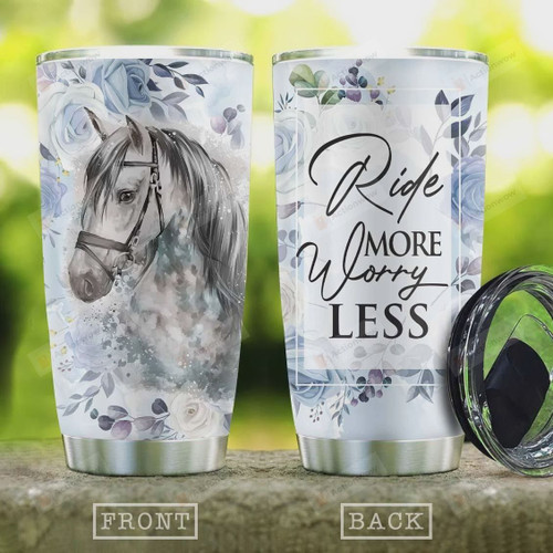 White Horse Flower Tumbler Cup Ride More Worry Less Stainless Steel Vacuum Insulated Tumbler 20 Oz Great Gifts For Birthday Christmas Thanksgiving Best Gifts For Horse Lovers Travel Tumbler