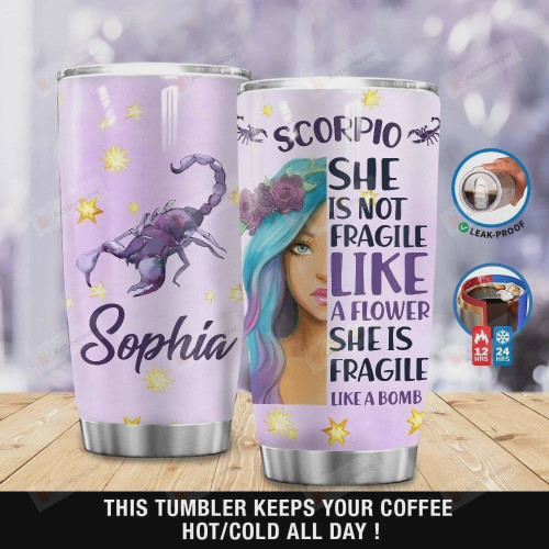 Personalized Scorpio Horoscope Tumbler She Is Fragile Like A Bomb Stainless Steel Vacuum Insulated Double Wall Travel Tumbler With Lid, Tumbler Cups For Coffee/Tea, Perfect Gifts For Birthday Mother's Day