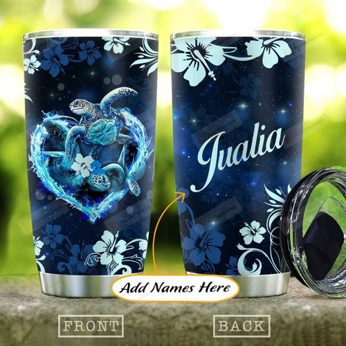 Blue Hibiscus Turtle Personalized Tumbler Cup, Blue Stainless Steel Insulated Tumbler 20 Oz, Tumbler For Coffee/ Tea With Lid, Best Birthday Gifts, Unique Christmas Gifts, Gifts For Turtle Lovers