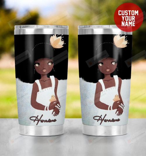 Personalized Black Little Girl In White Dress And Curly Hair Stainless Steel Tumbler, Tumbler Cups For Coffee/Tea, Great Customized Gifts For Birthday Christmas Thanksgiving