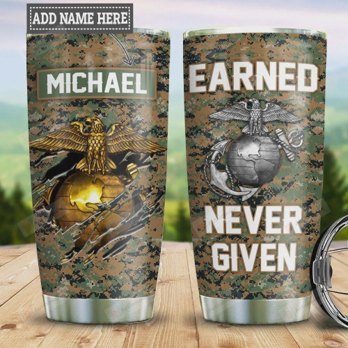 Personalized Marine Corps Tumbler Cup, Earned Never Given, Silver Gold Marine Corp, Stainless Steel Vacuum Insulated Tumbler 20 Oz, Great Gifts For Birthday Christmas Thanksgiving, Coffee Tumbler