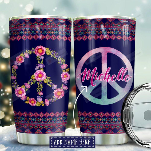 Personalized Peace Symbol And Floral Hoop Tribal Pattern Tumbler 20 Oz Sports Bottle Stainless Steel Vacuum Insulated Tumbler