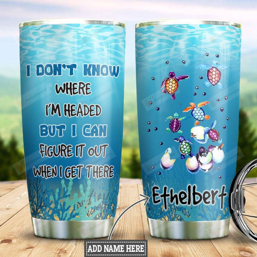 Personalized Colorful Sea Turtle Coral Tumbler Cup I Don't Know Where I'm Headed Blue Stainless Steel Vacuum Insulated Tumbler 20 Oz Gifts For Turtle Lovers Best Gifts For Birthday Christmas