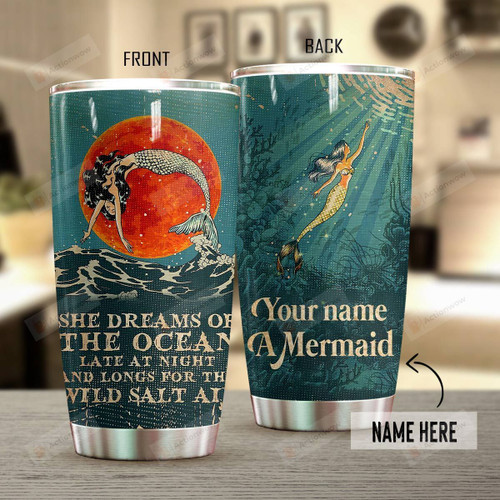 Personalized Vintage Mermaid Tumbler She Dreams Of The Ocean Tumbler Gifts For Mermaid Lovers On Birthday Christmas Thanksgiving 20 Oz Sports Bottle Stainless Steel Vacuum Insulated Tumbler