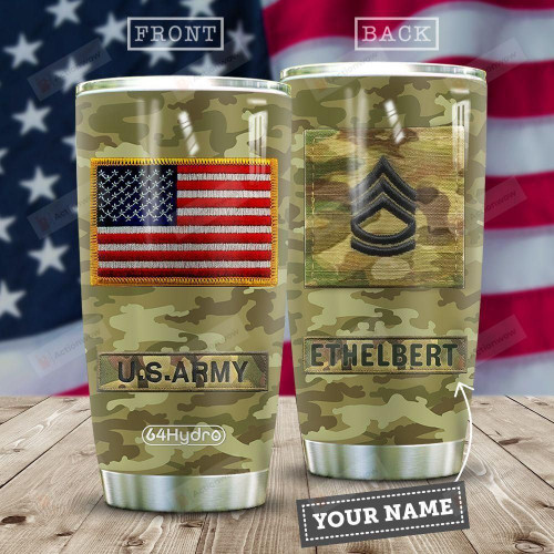 Personalized American Flag U.S. Army Camouflage Pattern Tumbler Best Gifts For US Soldiers 20 Oz Sports Bottle Stainless Steel Vacuum Insulated Tumbler