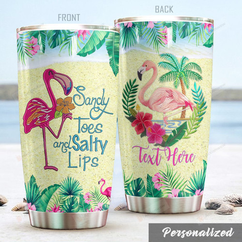 Personalized Flamingoes And Tropical Leaves Tumbler Sandy Toes And Salty Lips Tumbler Best Gifts For Flamingo Lovers, Animal Lovers 20 Oz Sports Bottle Stainless Steel Vacuum Insulated Tumbler