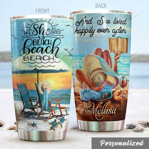 Personalized Beach Tumbler All She Does Is Beach Best Custom Name Gifts For Beach Lovers Beach Girls Summer 20 Oz Sport Bottle Stainless Steel Vacuum Insulated Tumbler
