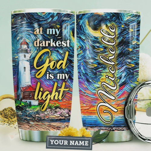 Lighthouse Faith Personalized Tumbler Cup At My Darkest God Is My Light Stainless Steel Insulated Tumbler 20 Oz Great Gifts For Birthday Christmas Thanksgiving Tumbler For Coffee/ Tea With Lid