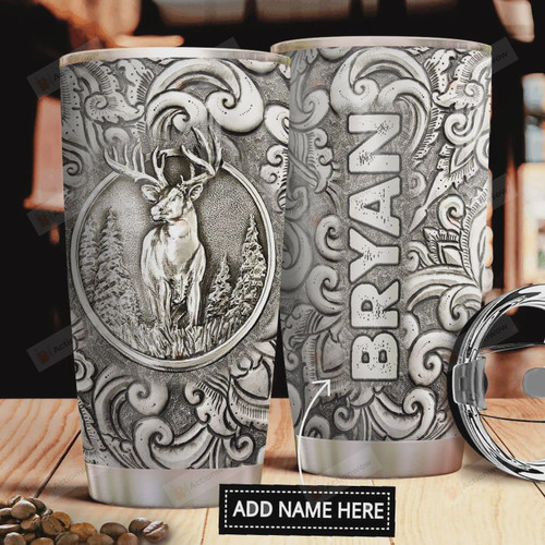 Personalized Deer Tumbler Silver Relief Tumbler Cup Stainless Steel Tumbler, Tumbler Cups For Coffee/Tea, Great Customized Gifts For Birthday Christmas Perfect Gift For Deer Lovers