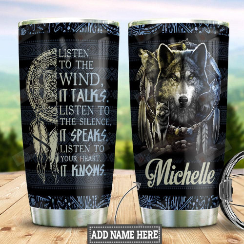 Personalized Native American Wolf Dream Catcher Stainless Steel Tumbler, Tumbler Cups For Coffee/Tea, Great Customized Gifts For Birthday Christmas Thanksgiving