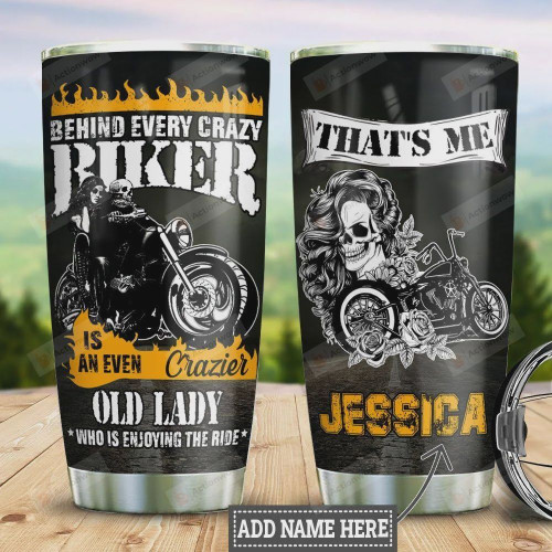 Personalized Crazy Biker Old Lady Stainless Steel Vacuum Insulated Tumbler 20 Oz, Gifts For Birthday Christmas Thanksgiving, Coffee/ Tea Tumbler, Black Tumbler