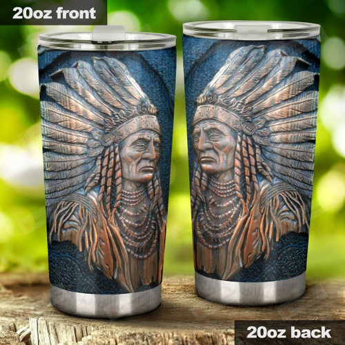 Native American Chief, Carved Pattern Stainless Steel Tumbler Cup For Coffee/Tea, Great Customized Gift For Birthday Christmas Thanksgiving