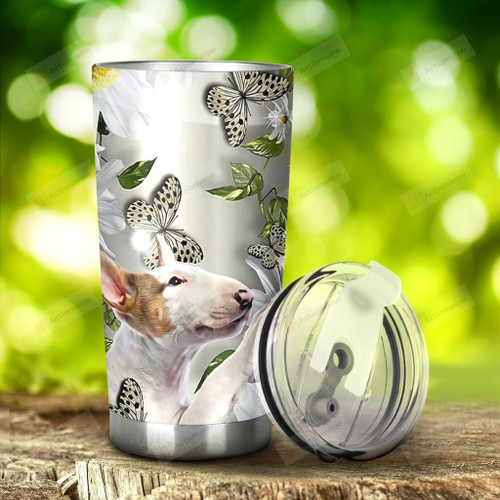 Bull Terrier With Daisy Butterfly Stainless Steel Tumbler, Tumbler Cups For Coffee/Tea, Great Customized Gifts For Birthday Christmas Thanksgiving, Anniversary