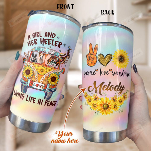 Personalized Heeler And A Girl, Sunflowers Stainless Steel Tumbler Cup For Coffee/Tea, Great Customized Gift For Birthday Christmas Thanksgiving